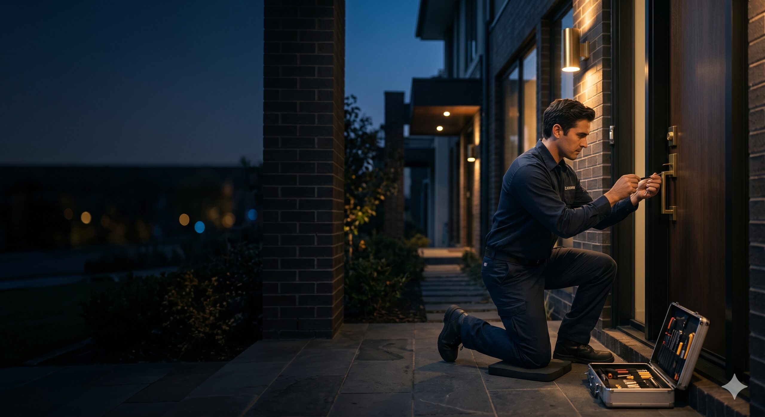Modern Toronto Locksmith working on a front door lock at dusk