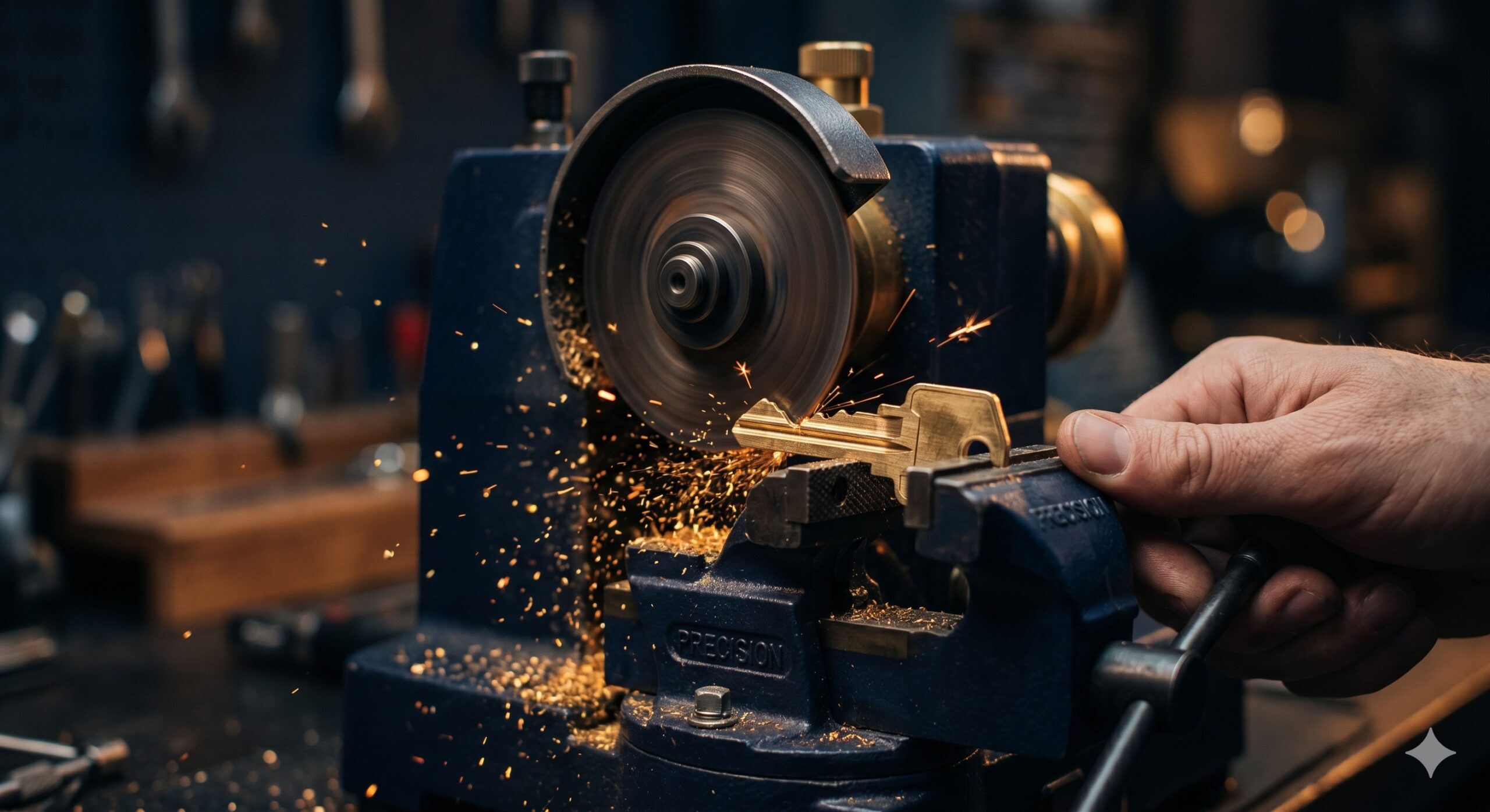 Toronto locksmith cutting a brass key