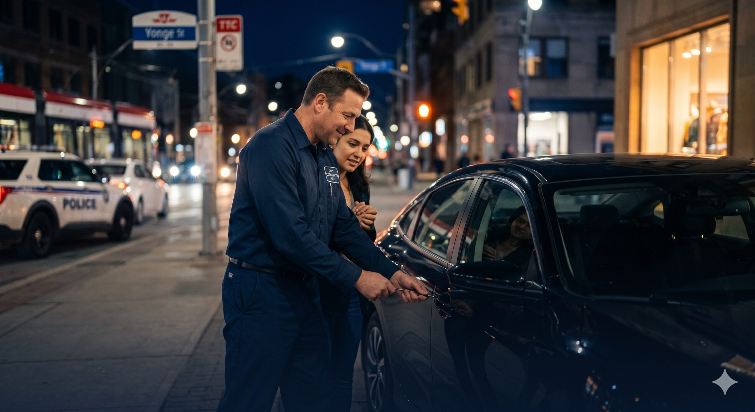 Emergency Toronto locksmith helping a driver at night